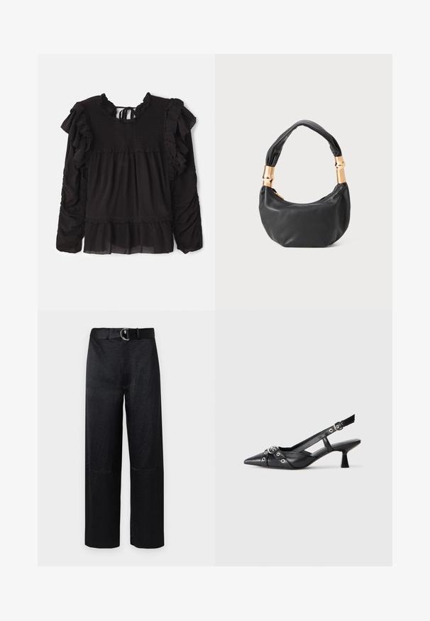 Black blouse featuring ruffled accents, smocked texture at the bodice, long sleeves, and a tiered hem with sheer fabric detail.; Black wide-leg pants with a textured finish, featuring a belt with a circular silver buckle and minimal seams.; Black leather slingback shoe with a pointed toe, decorative straps featuring metal eyelets, and a low block heel. Textured surface.; Black leather handbag with a round shape, soft texture, and a knotted handle featuring gold-tone hardware accents. Zipper closure.