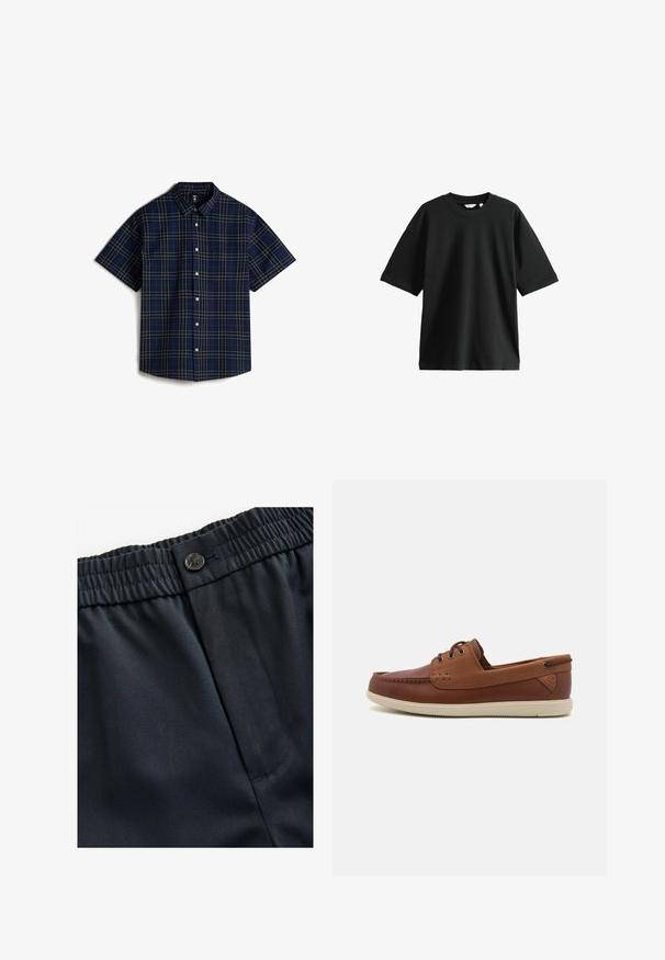 Vans LAWSON - Camisa - medium blue; Camiseta negra de manga corta hecha de algodón, con cuello redondo y un corte holgado, con una textura suave y un diseño minimalista.; Tejido ligero en color azul marino con una textura suave. Presenta una cintura elástica con cierre de botón y un bolsillo lateral.; Zapato de barco de cuero marrón con cordones, texturas contrastantes, suela de goma blanca y costuras decorativas en la punta. Detalle del logo en el lateral.