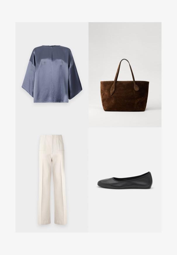 Szürke selyem felső, laza szabással, kerek nyakkivágással és diszkrét elülső hasítékkal, könyök hosszú ujjakkal.; Beige, magas derekú, bő szárú nadrág, két elülső zsebbel és látható varrási részletekkel. Simább, könnyű anyagból készült.; Fekete bőr balettcipő lekerekített orral, sima tekstúrával, minimális varrással és rugalmas talp kialakítással.; Liffner MEGA SPROUT TOTE - Bevásárlótáska - dark brown