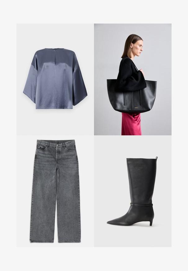 Satin top i grå med en afslappet pasform, der har en rund halsudskæring og en subtil frontslids, der strækker sig til ærmer i albue længde.; Bredde ben jeans i mørkegrå denim. Har høj talje, fem lomme design og forneden knaplukning. Glat tekstur med subtil fading.; Sorte læder knæhøje støvler med spidse tæer, fremhævet af et rundt bånd omkring anklen og en lav, tapered hæl. Glat tekstur.; Sort læder tote taske med en tekstureret overflade, der har to lodrette linjer, dobbelt skulderremme og et minimalistisk design.
