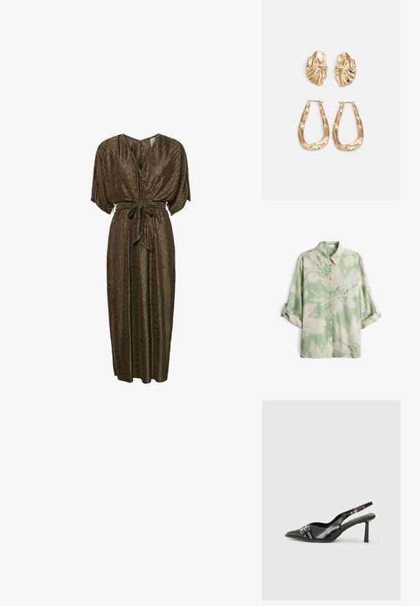Camicetta con maniche corte, di colore verde chiaro, con stampa floreale che presenta fiori bianchi e verdi scuri, e un design con colletto classico.; Abito maxi marrone plissettato con scollatura a V, maniche ampie e una cintura annodata in vita. Tessuto liscio con una leggera lucentezza.; Scarpa slingback in vernice nera con punta affusolata, cinturini alla caviglia con fibbie in argento e accessori, e tacco sottile.; Borsa a mano metallica dorata con un design strutturato, superficie liscia e tracolla regolabile. Presenta una forma triangolare unica e cuciture minimaliste.; Orecchini in tono oro caratterizzati da forme ondulate eTexture. Comprendono chiusure clip-on scultoree e un design a cerchio aperto con finitura martellata.