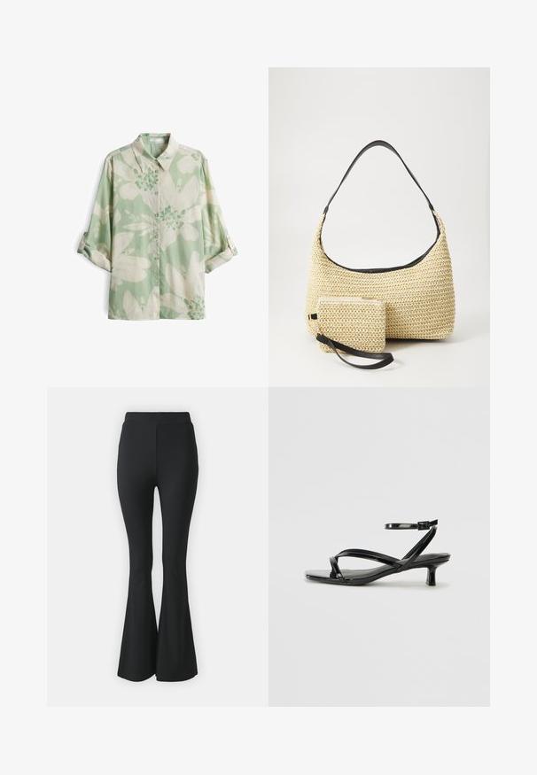 Korte mouw button-up shirt in lichtgroen met een bloemenprint, met witte en donkerdere groene bloemen, en een klassiek kraagontwerp.; Zwarte flared broeken van rekbare stof. Heeft een hoge tailleband en een gladde, aansluitende pasvorm die vanaf de knie uitloopt.; Zwarte lakleren sandaal met een lage hak, voorzien van kruislings gespen en een verstelbare enkelband. Gladde, glanzende oppervlakte.; Geweven strohandtas met een gebogen silhouet, voorzien van een soepele zwarte leren schouderband en een bijpassend klein zakje dat is bevestigd met een polsband.