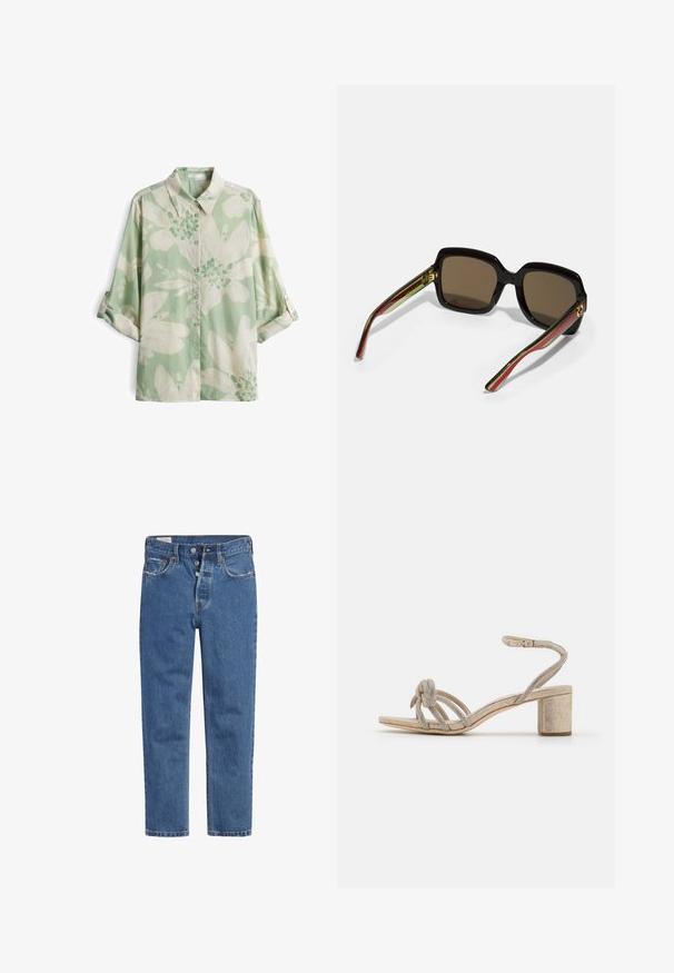 Korte mouw button-up shirt in lichtgroen met een bloemenprint, met witte en donkerdere groene bloemen, en een klassiek kraagontwerp.; Blauwe denim jeans met een high-waisted ontwerp, vijf knopen sluiting en rechte pijpen. De stof heeft een gestructureerde, licht vervaagde afwerking.; Gouden sandalen met blokhak, voorzien van een geknoopte voorkapsel en meerdere dunne bandjes versierd met metalen accenten.; Zwarte oversized zonnebril met bruine glazen. Kenmerkt zich door unieke gestreepte armen in groen en rood, en gouden hardware accenten. Vierkante vorm.
