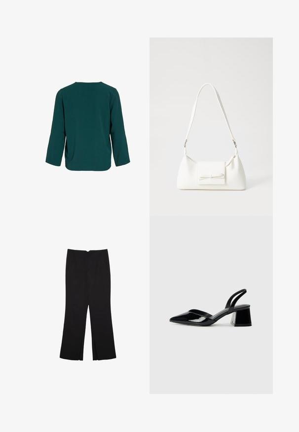 Teal långärmad topp gjord av textil med struktur. Har rund hals och avslappnad passform med sänkt axelsöm, utan synliga stängningar.; Svarta byxor med rak passform, utrustade med framfickor och sidoklyvningar vid fållen. Tillverkade av mjukt, slätt tyg. Lämpliga för olika tillfällen.; Svarta lackläder slingback klackar med spetsig tå och geometrisk klack. Har en elegant, minimalistisk design och slät yta.; Vit syntetisk handväska med triangulär form, platt framklaff och rosettdetalj, justerbar rem, slät textur och minimalistisk design.