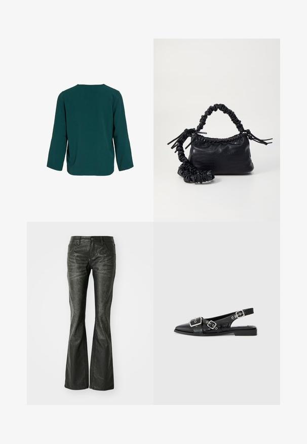 Tumši tirkīza krāsas krekls ar garām piedurknēm, izgatavots no teksturēta auduma. Tam ir apaļa kakla izgriezuma forma un brīvs piegriezums ar nokritušiem plecu šuvēm, nav redzamu aizdares elementu.; Melnas mākslīgā ādas plandošas bikses ar priekšējiem kabatām, metāla pogu aizdari un nedaudz teksturētu virsmu. Taisnas kājas ar garu griezumu.; Melna ādas pārmests kurpes ar norādītu purngalu, diviem sudrabotiem sprādzēm un zemu bloku papēdi. Iekļauj teksturētu augšdaļu un atvērtu aizmuguri.; Melnā mākslīgās ādas rokassoma ar krokodila rakstu, savilkta augšdaļa un saburzīta siksna. Izskatās mīksta un kompakta pēc dizaina.