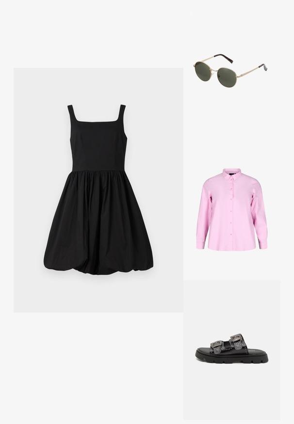 Pikad varrukad, helesinise särgiga, mis on valmistatud puuvillast ja millel on nööpidega eesmine klapp, krae ja vabalt langemisel sobivus. Tekstuuriga, sile kangas.; Mustmustäriga kleit, millel on ruudukujuline kaelus, kitsas kehaosa ja kogutud, laienev seelik, mis lõpeb ümarate äärtega. Sile kangas.; Mustad mustad mustad, millel on kaks laialdast rihma dekoratiivsete nukkide ja detailsete pandlitega, paigutatud tugevatele tekstureeritud kummitaldadele.; Ümmargused prillid metallkuldses raamis ja tumerohelistes läätsedes. Käed on kaunistatud kilpkonnakilbi mustriga, mis lisab sisu.; Must mustrakk nahast kott, millel on polsterdatud tekstuur, kaarjas kuju, hõbedane kettvöö ja väike logoaktsent ees.