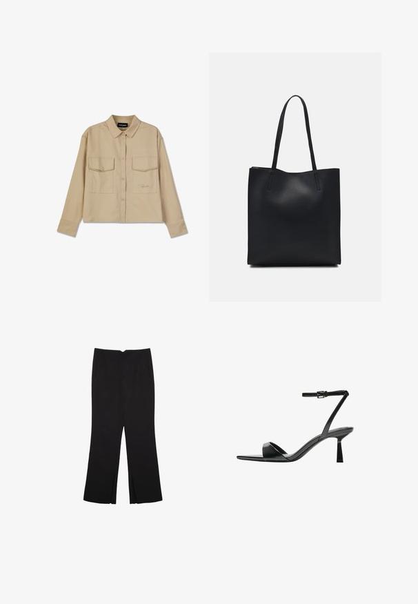 Beige pitkähihtinen paita, joka on valmistettu pehmeästä kankaasta. Siinä on nappisuljenta, kaksi rintataskua ja suora helma. Hienovarainen logo kirjailtuna etuosassa.; Mustat housut suoralinjaisella leikkauksella, joissa on etutaskut ja sivurei'ät helman alla. Valmistettu pehmeästä ja sileästä kankaasta. Sopii eri tilaisuuksiin.; Bershka Korolliset sandaalit - black; Mustapahkainen kangaskassi, jossa on sileä pinta, suorakaiteen muotoinen ja kaksi pitkää kahvaa. Ei näkyvää metalliosaa tai koristeita.