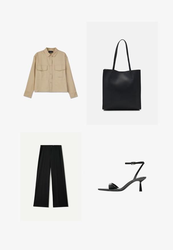 Beige overhemd met lange mouwen van zachte stof, met knoopsluiting, twee borstzakken en een rechte zoom. Subtiele logo borduring aan de voorkant.; Bershka WIDE - Broek - black; Bershka Sandalen met hoge hak - black; Zwarte leren handtas met een gladde textuur, rechthoekige vorm en twee lange handvaten. Geen zichtbare hardware of versieringen.