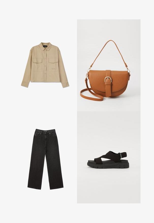 Beige overhemd met lange mouwen van zachte stof, met knoopsluiting, twee borstzakken en een rechte zoom. Subtiele logo borduring aan de voorkant.; Zwarte wijde jeans van denim, met kleine stippenpatronen, een klassieke vijf-pocket ontwerp en een knoop- en ritssluiting.; Zwarte sandaal met een getextureerde elastieken bovenkant, brede kruislussen en een chunky rubberen zool met een duidelijk loopvlakpatroon.; Bruine leren schoudertas met een gebogen vorm, gouden hardware en een gespaccent. Bevat een afneembare schouderriem.