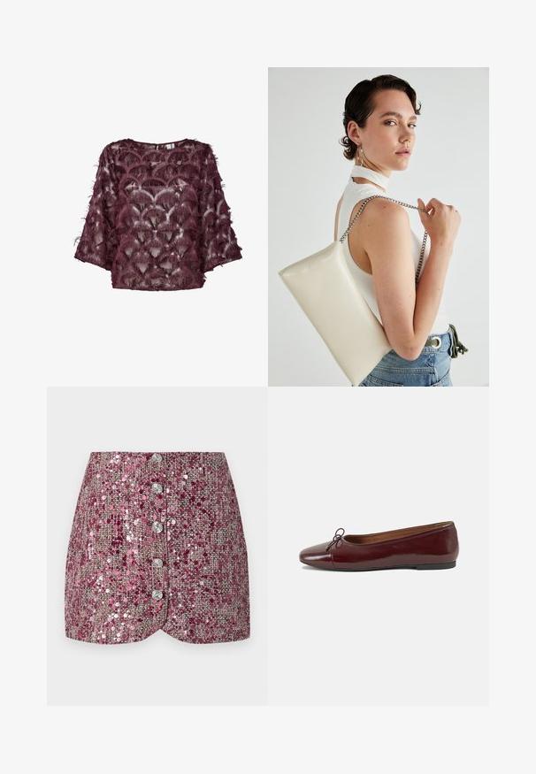 Burgundy sheer blouse with textured feather-like embellishments, featuring a rounded neckline and wide sleeves. Pattern resembles scallops.; Pink sequin skirt with a textured weave, featuring a fitted design and five silver buttons down the front. Shaped hem and shimmering accents.; Burgundy patent leather ballet flat with a rounded toe, small bow accent at the front, and a low, black rubber sole. Smooth texture.; White rectangular clutch bag made of glossy material, featuring a silver chain strap. Model poses, showcasing the bag against a plain background.