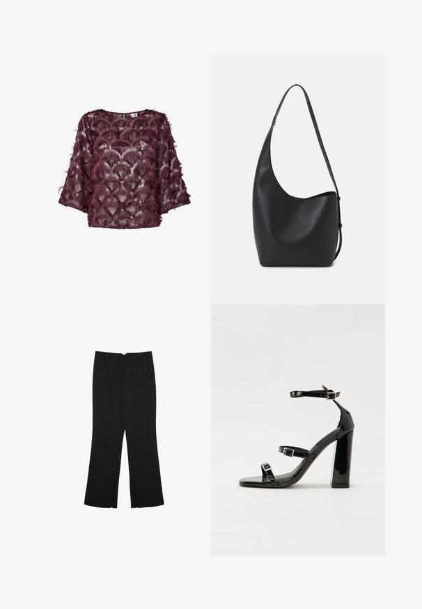 Burgundská priesvitná blúzka s textúrovanými ozdobami pripomínajúcimi perie, s okrúhlym výstrihom a širokými rukávmi. Vzor pripomína lastúry.; Čierne nohavice so strihom rovného strihu, s prednými vreckami a bočnými rozparkami na leme. Vyrobené z mäkkej, hladkej tkaniny. Vhodné na rôzne príležitosti.; Čierne lakované sandále na podpätku so štvorcovou špičkou, navlečenými remienkami okolo členku a striebornými prackami. Disponujú masívnym blokovým podpätkom pre stabilitu.; Čierna kožená hobo taška so hladkou textúrou, zakriveným tvarom a jedným nastaviteľným popruhom; má široké otvorenie na vrchu.