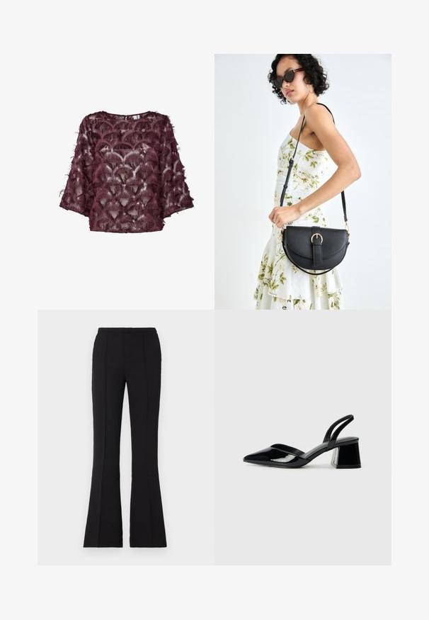 Burgundy sheer blouse with textured feather-like embellishments, featuring a rounded neckline and wide sleeves. Pattern resembles scallops.; Black flared pants made of smooth fabric, featuring a fitted waist, front seam details, and a slight flare starting from the knee.; Black patent leather slingback heels with a pointed toe and a geometric block heel. Features a sleek, minimal design and smooth texture.; Black leather handbag with a curved shape, detachable strap, and gold hardware. The bag features a flap with a buckle detail.