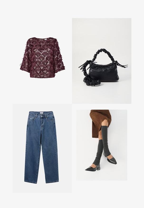 Bordeaux gennemsigtig bluse med teksturerede fjer-lignende udsmykninger, der har en rund halsudskæring og brede ærmer. Mønsteret ligner skaldyr.; Klassiske blå denimbukser med lige ben, fem lommer og knaplukning. Har en medium vask og en robust tekstur.; Sorte patenterede lædersko med spids tå, blokhæl og ankelrem, kombineret med grå ribbede benvarmere og en brun ruskinds nederdel.; Sort kunstlæder håndtaske med krokodilteksur, indsnøret top og en sammenkrøben rem. Ser blød og kompakt ud i designet.