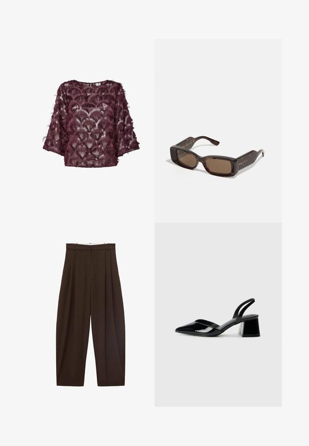 Blusa trasparente color borgogna con decorazioni testurizzate simili a piume, caratterizzata da un collo arrotondato e maniche larghe. Il motivo assomiglia a conchiglie.; Pantaloni marroni a vita alta con pieghe, realizzati in tessuto morbido. Vestibilità ampia, design a gamba dritta, dotati di passanti per cintura e chiusura con zip.; Décolleté in vernice nera con punta affusolata e tacco in geometria cubica. Presentano un design elegante e minimalista, con una texture liscia.; Occhiali da sole Gucci con lenti rettangolari marroni, montatura in acetato tartarugato e dettagli del logo dorato sulle tempie.; Borsa a tracolla intrecciata in paglia di colore beige, con una forma curva, manico corto e zip laterale. Presenta una superficie texturizzata e un design minimalista.