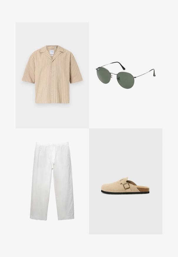 Camicia a maniche corte con bottoni di colore beige con righe verticali blu. Presenta un colletto a camicia e una vestibilità rilassata. Realizzata in un tessuto morbido e testurizzato.; T-shirt bianco in cotone con maniche corte, scollo rotondo e vestibilità rilassata. Texture liscia senza pattern o dettagli visibili.; Pantaloni bianchi in lino con cintura elastica e cordoncino, design a gamba ampia e cuciture pulite. Texture liscia con vestibilità casual.; Zoccoli beige in suede con piede in sughero, punta rotonda e una semplice fascia con una fibbia dorata. Suola in gomma per una buona aderenza.; Occhiali da sole con montatura in metallo e lenti verdi ovali. Montatura sottile in metallo argento e terminali neri. Design minimalista, senza loghi visibili.