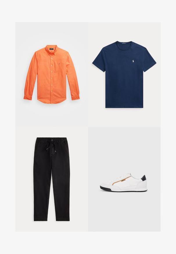 Ilgas rankovės marškiniai ryškiai oranžinės spalvos iš medvilnės, su klasikiniu apykakle, subtilia logotipo siuvinėtine detalėmis ir mygtukais užsegamais rankogaliais.; Tamsiai mėlynas medvilninis marškinėlis su apvalia iškirpte ir trumpomis rankovėmis. Mažas baltas „Polo“ logotipas kairėje krūtinės pusėje. Klasikinio kirpimo ir lygaus paviršiaus.; Juodos laisvos kelnės su elastinga juosta, raišteliu, priekinėmis sagomis ir šoninėmis kišenėmis, pateiktos ant vienodo fono.; Balti sportiniai bateliai su tinklinėmis ir odinėmis detalėmis. Yra auksinė "BOSS" logotipas, tekstūruoti šonai ir juodas kulno dangtelis. Guminis padas.