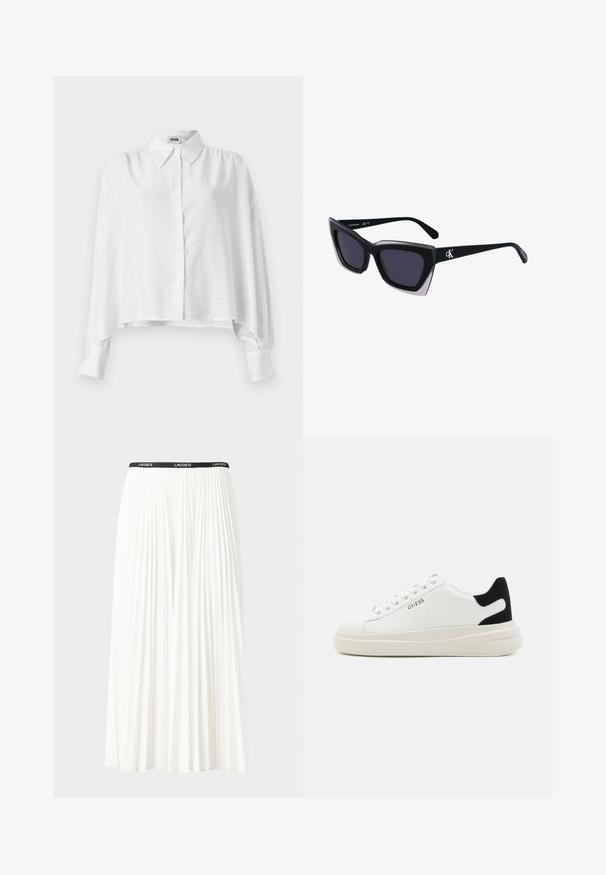 Camisa blanca de botones con un corte relajado, que presenta un cuello extendido, mangas largas y un dobladillo ligeramente recortado. Tela suave y ligera.; Falda blanca plisada con una cinturilla elástica negra que presenta el logotipo "LACOSTE". Diseño de longitud media con textura suave.; Zapatillas blancas de cuero con una suela blanca gruesa, acento en el talón de ante negro y logo grabado en el lateral. Diseño de cordones con seis ojales.; Gafas de sol negras de gran tamaño con una forma geométrica, que presentan lentes oscuros y un detalle gris contrastante en la montura. Logo en la pata.