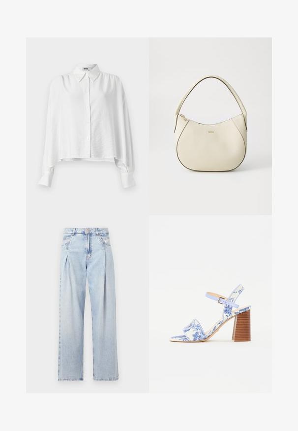 White button-up shirt with a relaxed fit, featuring a spread collar, long sleeves, and a slightly cropped hem. Smooth, lightweight fabric.; Light blue denim jeans with a high waist, wide-leg cut, two side pockets, and pleated design feature. Soft texture with a faded finish.; Blue floral-printed sandal with a square toe, a wide strap, and an adjustable ankle strap, featuring a textured wooden block heel.; Cream-colored handbag with a textured finish, curved shape, short handle, and gold-tone logo detail. Zipper closure at the top.