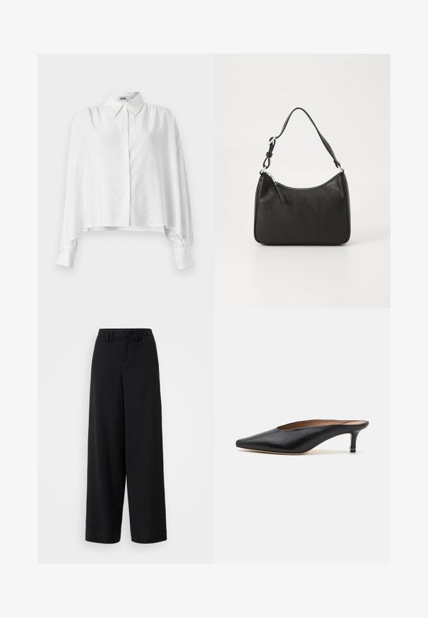 White button-up shirt with a relaxed fit, featuring a spread collar, long sleeves, and a slightly cropped hem. Smooth, lightweight fabric.; Black wide-leg trousers made of smooth fabric, featuring a flat-front design, pleated details, and belt loops at the waistband.; Black leather mules with a pointed toe and low, block heel. Smooth texture with a sleek design. Open back with minimal detailing.; Black leather handbag with a curved shape, a single strap, zip closure, and subtle branding on the front. Smooth texture, minimalist design.