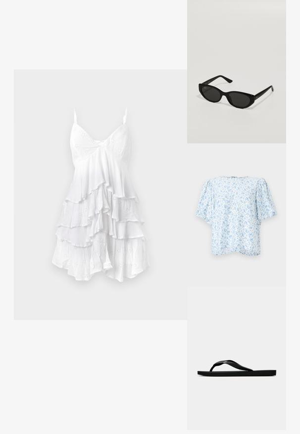 Blůza s květinovým vzorem v světle modré a bílé barvě, s krátkými puff rukávy a volným střihem, kulatým výstřihem a zapínáním na zádech.; Bílá bezramínková šaty s volánkovými vrstvami, vyrobené z lehkého materiálu s vyšívanými vzory a jemnou texturou. Návrh s výstřihem do V.; Černé gumové žabky s texturovaným páskem a jednoduchou plochou podrážkou, zobrazené z boku na světlém pozadí.; Černé sluneční brýle s úzkým, kočičím tvarem. Vyrobené z hladkého plastu, s tmavými skly a jemnými logo akcenty na stranách.