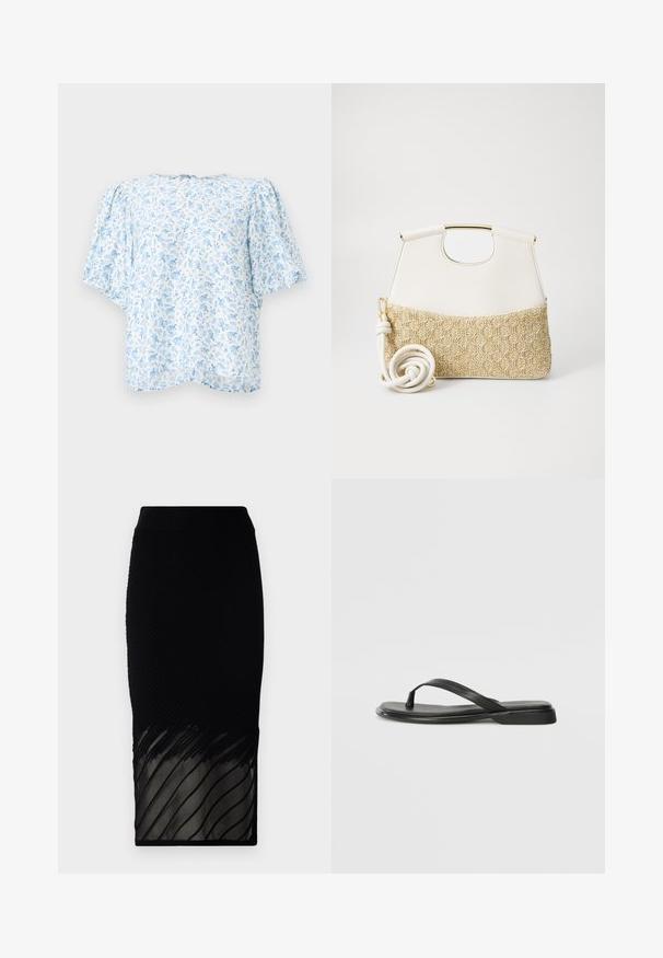 Heleda lillelise mustriga pluus helesinises ja valges, millel on lühikesed puff-särgid ja vabalt istuv lõige, ümmargune kaelus ning seljas sulgemine.; Must have ribidega must, millel on läbipaistev alumine osa ja horisontaalsed triibud. Kujundus on keha lähedal ja ulatub keskel sääre pikkuseni.; Musta sussumood, mis on valmistatud siledast nahast. Sellel on õhuke rihma disain ja lame tald minimaalsete joontega. Mingeid silmatorkavaid mustreid või aktsente ei ole.; Valge nahast käekott, mille alumine osa on tekstureeritud kreemjas kudumiga. Kott on varustatud kuldse käepidemega ja keerdus valge rihmaga, mis lisab mitmekesisust.