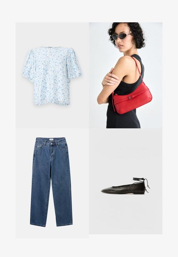 Blusa con stampa floreale in azzurro chiaro e bianco, caratterizzata da maniche a sbuffo corte e una vestibilità rilassata con scollatura rotonda e chiusura posteriore.; Jeans in denim blu classico con design a gamba dritta, cinque tasche e chiusura con bottone. Presentano un lavaggio medio e una trama robusta.; Ballerine in pelle nera con punta affusolata, laccio alla caviglia e suola piatta, caratterizzate da una texture liscia e un design minimalista.; Borsa a spalla rossa in pelle con una texture liscia, design curvo e un elegante dettaglio a fibbia. Tracolla regolabile e chiusura con zip.