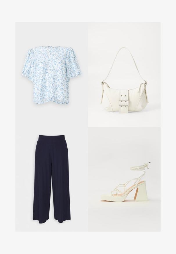 Világoskék és fehér virágmintás blúz rövid puffos ujjal, laza fit, kerek nyakkivágással és hátsó záródással.; Sötét kék anyagból készült, széles lábú nadrág, bordás textúrával. Simább derékrésszel és laza szabással rendelkezik, a vádli közepéig ér.; Fehér, magassarkú szandál vastag sarokkal, pántos dizájnnal és bokapánttal. Sima textúra, elülső platformmal a megnövelt magasság érdekében.; Fehér válltáska texturált felülettel, középen csattogó részlettel és íves formával. Cipzáras záródás mindkét oldalon.