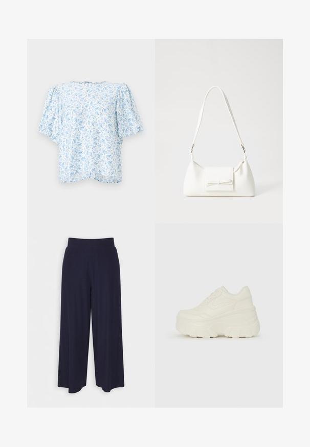 Blouse à motifs floraux en bleu clair et blanc, dotée de manches bouffantes courtes et d'une coupe décontractée avec un col rond et une fermeture à l'arrière.; Pantalon large en tissu bleu marine foncé avec une texture côtelée. Il présente une taille lisse et une silhouette fluide, atteignant la longueur mi-mollet.; Baskets plateformes blanches avec une tige en simili cuir lisse, une forme arrondie, un col rembourré et une semelle en caoutchouc texturé avec des crampons définis.; Sac à main synthétique blanc en forme triangulaire, avec un rabat avant plat et un détail en nœud, une bandoulière ajustable, une texture lisse et un design minimaliste.