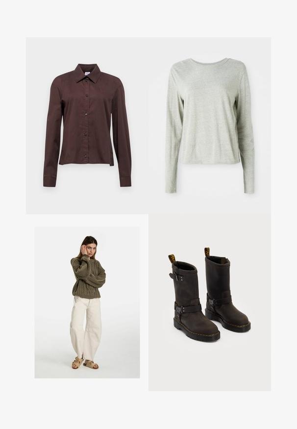 Mørkebrun skjorte med knapper, lange ermer, spiss krage og svarte knapper. Laget av et glatt tekstil med ensfarget mønster.; Lys grå langermet skjorte laget av myk stoff, med rund halslinning og en avslappet passform. Søm detaljer langs sidene.; Free People GOOD LUCK MID RISE BARREL - Jeans relaxed fit - beige; Mørkebrune lærstøvler med design til midtleggen, gule sømmer, justerbare spenner og bånd for å dra opp på toppen. Strukturt overflate.