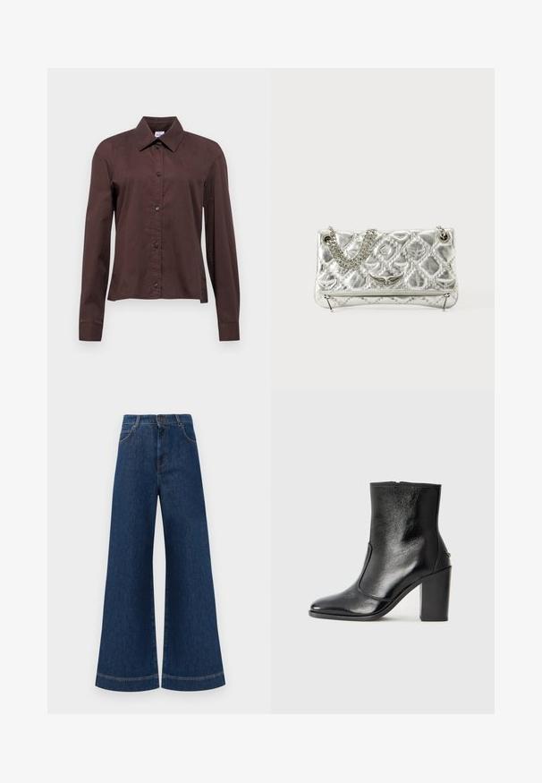 Mørkebrun skjorte med lange ærmer, spids krave og sorte knapper. Fremstillet af et glat tekstil med et ensartet mønster.; Bredde ben blå denim jeans med høj talje, der har knaplukning, bæltestropper og diskrete syninger langs lommerne og kanterne.; Sorte læder ankelstøvler med en glat overflade, spids tå og en chunky høj hæl. Har en sidelukning og minimalistisk design.; Sølvmetallic håndtaske med kædehåndtag, quiltet tekstur, dekorativ syning og lynlås lukning. Har prægede detaljer på forsiden.