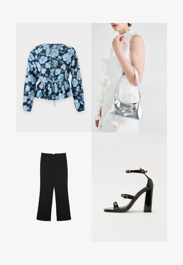 Cvečni peplum bluza z dolgimi rokavi. Črna tkanina z modrimi cvetovi in zelenimi listi. Zavezuje se okoli vratu, teksturirani detajli.; Črne hlače ravnega kroja z naglavnimi žepi in stranskimi razporki na robu. Narejene iz mehke, gladke tkanine. Primerne za različne priložnosti.; Črne lakirane sandale s peto, kvadratnim prstom, trakovi okrog gležnja in srebrnimi zaponkami. Opremljene so s stabilno Debelo peto.; Srebrna metalna torbica z oblikovano strukturo, ki ima zgornji ročaj in detajl v obliki mašne spredaj. Gladka tekstura, z odsevnimi površinami.