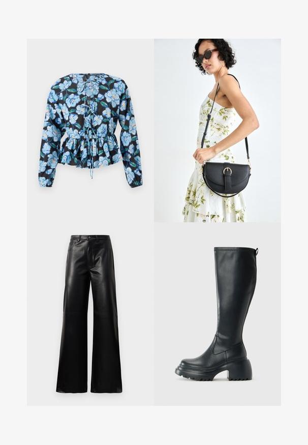 Virágos peplum blúz hosszú ujjal. Fekete anyagon kék virágok és zöld levelek találhatók. Nyaknál megkötős, textúrás részletekkel.; Fekete, magas derekú, széles lábú, műbőr nadrág elülső gombbal, cipzárral, övbújtatókkal és oldalsó zsebekkel, fehér háttérrel.; Magas fekete bőrcipő, vastag platform talppal és blokk sarokkal, húzófüllel és texturált profillal az outsole-on.; Fekete bőrtáska ívelt formával, levehető pánttal és arany színű fémrészekkel. A táskán egy csattal díszített fedél található.