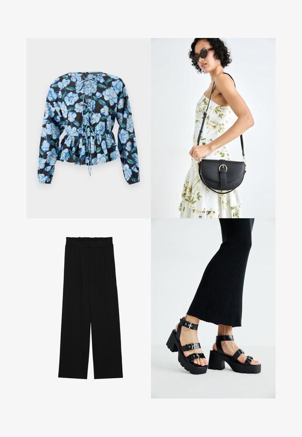 Virágos peplum blúz hosszú ujjal. Fekete anyagon kék virágok és zöld levelek találhatók. Nyaknál megkötős, textúrás részletekkel.; Fekete, bőszárú nadrág fodros derékrésszel, két oldalsó zsebbel és sima, könnyű anyagból. Nincsenek látható minták vagy fémalkatrészek.; Fekete platform szandálok vastag, barázdált talppal és több pánttal, fém csatokkal, sima bőrhatású textúrával.; Fekete bőrtáska ívelt formával, levehető pánttal és arany színű fémrészekkel. A táskán egy csattal díszített fedél található.