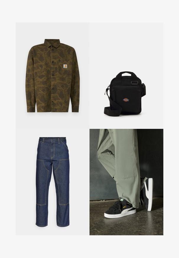 Kamnita srajca v odtenkih zelene in rjave, z gumbastim zapenjanjem, dolgimi rokavi in prsno žepom s logotipnim nalepkom.; Bela bombažna majica s kratkimi rokavi, krožnim ovratnikom, z majhnim zlatim logotipom na levem prsnem predelu. Mehka tekstura in običajen kroj.; Temno modri kavbojke z visokim pasom, ravnim krojem, kontrastnim šivom in žepekami na sprednji strani.; Črne semšaste športne copate z belimi gumijastimi podplati in stranskimi črtami, v kombinaciji s svetlo zelenimi cargo hlačami, ki stojijo na teksturirani temni površini.; Črna crossbody torba z zadrgo, pravokotne oblike, izdelana iz blaga, z logotipom na sprednji strani, nastavljivim ramenskim trakom.