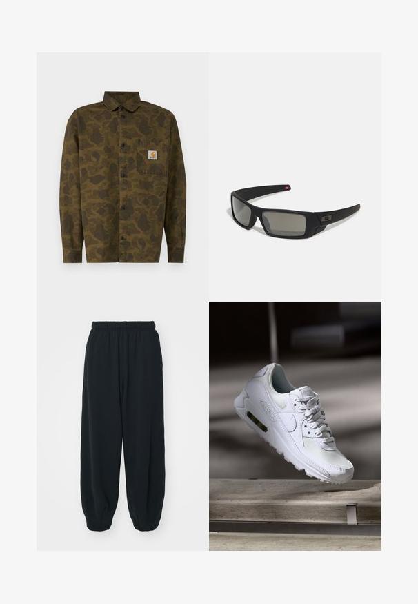 Camisa com padrão de camuflagem em tons de verde e castanho, apresenta um design de botão, mangas longas e um bolso no peito com um emblema.; Calças de fato de treino pretas, com cintura elástica e um corte solto, com punhos nas pernas, textura suave e sem padrões visíveis ou detalhes de metal.; Sapatilha Nike Air Max 90 branca com parte superior em malha e couro, caixa de dedos perfurada e uma unidade de ar visível no calcanhar.; Óculos de sol pretos com acabamento mate, lentes retangulares, leve curvatura nas hastes, detalhe sutil do logo e lentes de cor fumada.