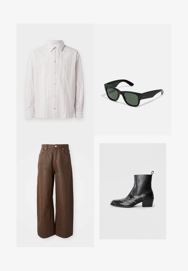 Camicia bianca con bottoni, con sottili righe verticali rosa, colletto a punta, maniche lunghe, una tasca sul petto e orlo arrotondato.; Maglione a maniche lunghe, a coste, di colore verde scuro, con scollatura a girocollo e orlo dritto. Realizzato in tessuto morbido, con cuciture minime e senza motivi visibili.; Pantaloni in pelle marrone a gamba ampia con cinque tasche e chiusura con bottone, presentati su uno sfondo bianco uniforme.; Stivaletti in pelle nera alla caviglia con punta quadrata, cuciture decorative e tacco basso a blocco. Presentano un'etichetta sul retro per facilitarne l'indossamento.; Occhiali da sole neri rettangolari con lenti verdi, finitura opaca, dettagli hardware discreti e logo impresso sulla tempia.