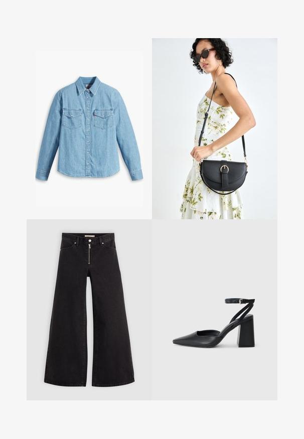 Heledad sinine teksast särk pika varrukaga, terava kraega, kahe rinna taskuga, nööbiplikaadiga ja peene tekstuuriga. Nähtavaid mustreid pole.; Laiad teksad mustast denimist, millel on lukuga eesmine osa, viie taskuga disain ja peened õmblusdetailid. Sile tekstuur ja juhuslik stiil.; Mustmustest must-käigukingad, millel on konksuga nöör ja paks konts. Ühtlane tekstuur, stiilne disain ja minimalistlik esteetika.; Mustmust mustraha kõverate joontega, eemaldatava rihmaga ja kuldsete detailidega. Kotil on klapp, millel on pandladetail.