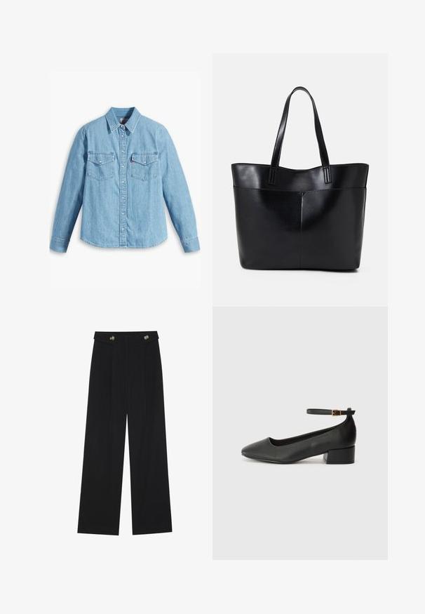 Light blue denim shirt with long sleeves, pointed collar, two chest pockets, button placket, and subtle texture. No visible patterns.; Black wide-leg trousers with high waist, button details on waistband, and front pleats.; Black leather pump with a pointed toe and a low block heel. Features an ankle strap with a gold-tone buckle. Smooth texture.; Black leather tote bag with two long handles, a smooth texture, and a structured shape. Features a front pocket for additional storage.