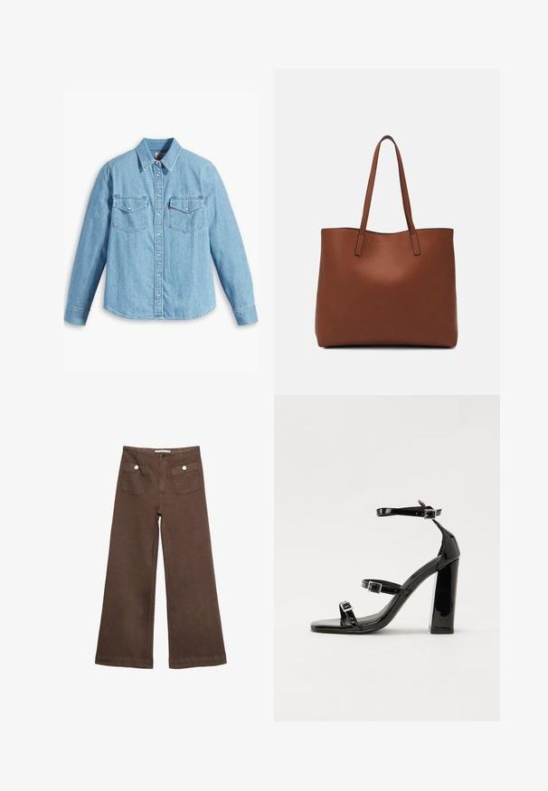 Svijetlo plava traper košulja s dugim rukavima, šiljastim ovratnikom, dva džepa na prsima, preklopom za gumbe i suptilnom teksturom. Nema vidljivih uzoraka.; Svetlo rjave široke hlače iz bombaža, ki vključujejo dva sprednja žepa s srebrnimi gumbi in gladko teksturo.; Črne lakaste sandale z visokimi petami, z dvema trakovoma z zaponkama, kvadratnim sprednjim delom in masivno širšo peto, z gladko, sijočo teksturo.; Rjava usnjena torba z gladko teksturo, odprto zasnovo zgoraj in dvema naramnima trakovoma. Opremljena je z minimalnim šivanjem in brez vidnih kovinskih delov.