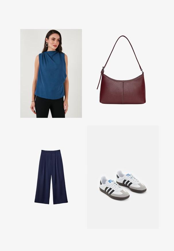 Blå, ærmeløs top med draperet halsudskæring og struktureret stof. Silhuetten er løs i pasformen, suppleret med sort tætsiddende bukser.; Marineblå brede bukser med plyser, knappet talje og bæltestropper, vist fladt på en hvid baggrund.; Sportsko med en overdel i hvid læder, grå ruskind på tåen og tre sorte striber. Har et blåt logo på tungen og en struktureret gummisål.; Kastanjebrun læderhåndtaske med en buet form, en enkelt skulderrem og syninger i midten. Glat tekstur, minimal hardware.