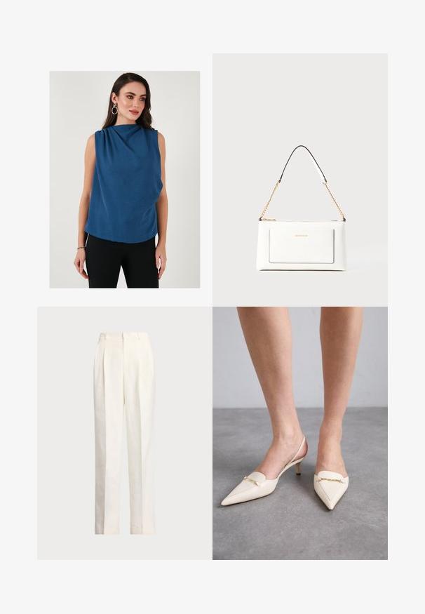 Kék, ujjatlan felső, drapált nyakkal és texturált anyaggal. Az irányvonal laza illeszkedésű, fekete, testhezálló nadrággal kiegészítve.; Polo Ralph Lauren HEMP WIDE LEG PANT - Nadrágok - nevis; Krém színű, hegyes orrú, pántos magassarkú cipők, vékony középmagas sarkukkal, arany lánc díszítéssel a cipő elején és sima bőr tekstúrával.; Fehér bőr kézitáska, texturált felülettel, arany lánccal és fekete részletekkel. Elülső zsebbel és cipzáros zárással rendelkezik.