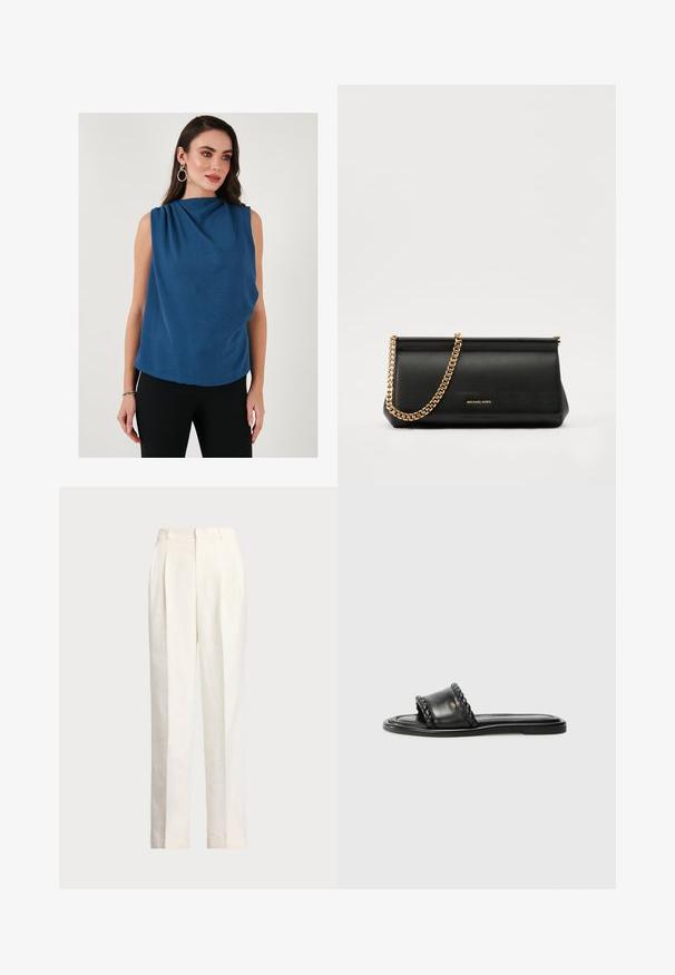 Sinine, varrukateta pluus, millel on volditud kaelus ja tekstuuriga kangas. Siluett on vabalt liikuv ja seda täiustavad mustad formeeritud püksid.; Polo Ralph Lauren HEMP WIDE LEG PANT - Püksid - nevis; Mustmust nagu nahast sandaalid, millel on kootud rihm, lame tall, ja Nub kerge disain. Sile tekstuur ja minimalistlik profiil.; Mustast nahast klamberkott kuldse kettrihmaga, millel on sile tekstuur, ristkülikuline kuju ja esiküljel reljeefne brändingu märk.