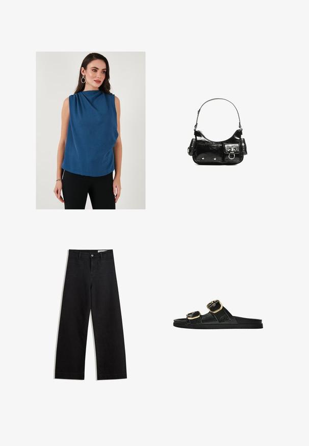Blauwe mouwloze top met een gedrappeerde halslijn en textuurstof. De silhouet is losvallend, aangevuld met zwarte strakke broek.; Zwarte denim broek met wijde pijpen en een hoge taille, voorzien van voor- en achterzakken, gestikte naden en een knoopsluiting. Gladde textuur.; Zwarte slipper met twee gouden gesps, gladde textuur, platte zool en een minimalistisch ontwerp.; Zwarte laarzen in lakleer met een gebogen vorm, één schouderband, voorvakken en accenten in zilverkleurig metaal.