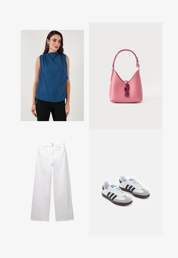 Kék, ujjatlan felső, drapált nyakkal és texturált anyaggal. Az irányvonal laza illeszkedésű, fekete, testhezálló nadrággal kiegészítve.; Fehér, bő szárú farmernadrág. Gombos záródással, elülső és hátsó zsebekkel, valamint steppelt varrásokkal rendelkezik. Simas textura, minimális díszítéssel.; Fehér bőr felsőrészes sportcipő, szürke velúrból készült orral és három fekete csíkkal. Jellemzője a kék logó a nyelvén és egy texturált gumitalp.; Rózsaszín bőrtáska strukturált formával, fényes csattal és egy állítható pánttal. Textúrált felület aranyszínű fémrészekkel.