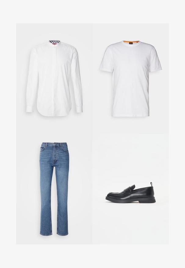 Bílá košile s dlouhým rukávem a vysokým límcem, s vzorovaným námořnickým modrým a bílým vnitřním límcem. Hladká textura a klasický střih.; Bílý bavlněný tričko s kulatým výstřihem, krátkými rukávy a jemně embosovaným logem na hrudi. Vnitřní štítek má oranžový akcent.; Modré denimové džíny s vysokým pasem, rovnými nohavicemi a jemným vyblednutím. Mají klasický pětikusový styl a zapínání na zip.; Černé kožené mokasíny s kulatou špičkou, detailním páskem vpředu a nízkou gumovou podrážkou. Obsahují jemné prošívání a zadní poutko.