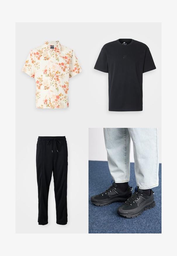 Lühikeste varrukatega särk, millel on kreemjas taust ja lilleline muster roosa, rohelise ja pruuni värvitooniga; nupuga sulgemine ja tavaline krae.; Nike musta mustast puuvillast T-särk klassikalise ümmarguse kaelusega, lühikeste varrukatega ja õrna, reljeefse logoga rinnal. Sile tekstuur.; Mustad nööridega vööga igapäevased mustad püksid, külgseamipocketid ja sirge sääre lõikega, ühtlasel taustal.; Mustad mustad jooksukingad, millel on tekstureeritud kangas ja kummist tallad, elastsed nöörid ning sinine aksent kandadel. Kandmine heledate teksadega.