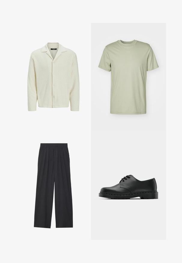 Camicia a bottoni di colore crema chiaro, realizzata in tessuto testurizzato con un motivo a rombi, dotata di colletto aperto e maniche lunghe.; T-shirt di cotone verde chiaro con scollo rotondo, maniche corte e un logo del marchio stampato in modo discreto al centro del petto.; Pantaloni a gamba larga realizzati in tessuto grigio scuro. Presentano pences in vita, un design sartoriale e una silhouette dritta.; Scarpa oxford in pelle nera con design con lacci, punta arrotondata, suola piatta in gomma e dettagli di cucitura discreti lungo la parte superiore.