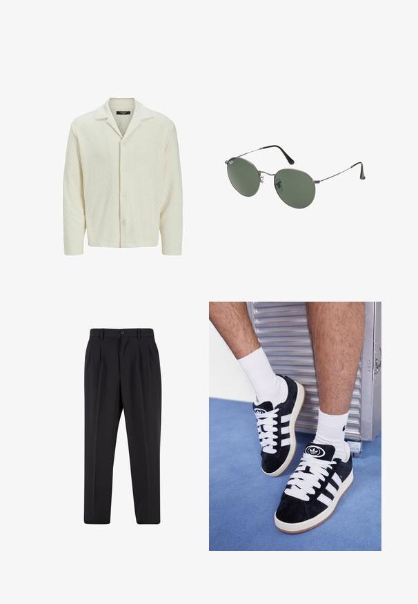 Hele kreemjas nööpidega särk, mis on valmistatud tekstuuriga kangast, millel on rombikujuline muster. Särgil on laia kraega ja pikad varrukad.; Mustad püksid, millel on voltidega eesmine disain, valmistatud siledast kangast. Omab nup closure ja vöökinnitusauke; sirge jalgade lõige.; Mustad nahkjalatsid valgete paelte ja kolme valge triibuga. Omab ümmargust musta logo keele peal ning kummist tallat.; Metallist raamistikuga prillid ovaalsete roheliste läätsedega. Õhuke hõbedane metallraam ja mustad kõrvakatted. Minimalistlik disain, nähtavad logod puuduvad.