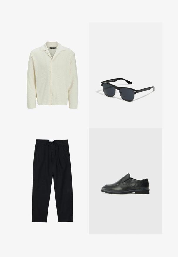 Helle cremefarbene Button-up-Hemd aus strukturiertem Stoff mit einem Rautenmuster, ausgestattet mit einem Kentkragen und langen Ärmeln.; Pier One Chino - black; Schwarze Leder-Slipper mit glattem Obermaterial, gesteppten Akzenten, runder Zehenpartie und niedrigem Gummiabsatz. Die Sohle hat ein minimales Profil.; Schwarze Sonnenbrille mit rechteckiger Form, dunklen Gläsern, silbernen Akzenten an den Bügeln und mattierter Oberfläche des Rahmens.