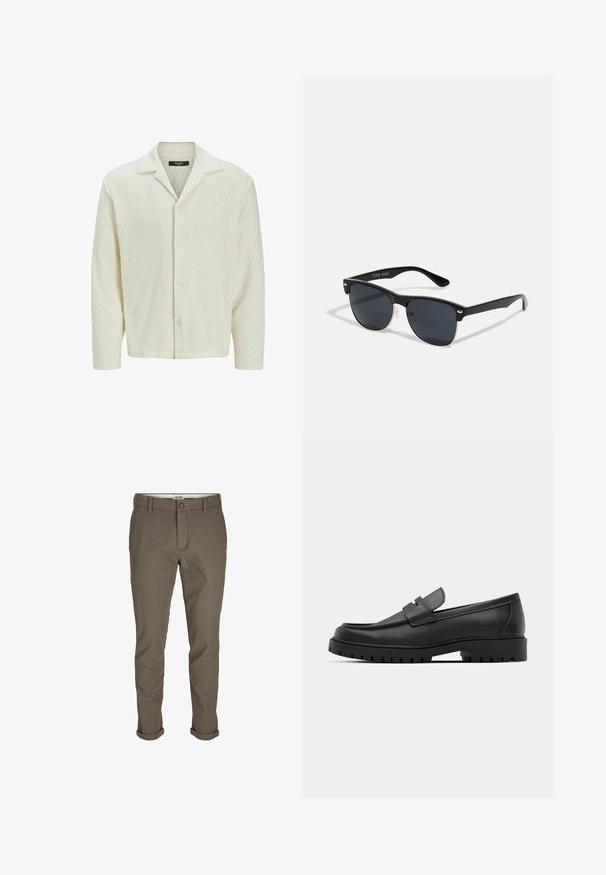 Lichtcrème knoop shirt van textuurstof met een ruitpatroon, voorzien van een spread collar en lange mouwen.; Khaki tapered broeken gemaakt van een katoenmix. Kenmerkt zich door een ritssluiting, knoopsluiting en omgeslagen manchetten. Structuur oppervlak met een subtiele glans.; Zwarte leren instappers met een ronde neus, voorzien van een gestikt ontwerp, een lage platformzool en een gestructureerde, grof rubberen buitenzool.; Zwarte zonnebril met een rechthoekige vorm, donkere lenzen, zilveren accenten bij de slapen en een matte afwerking op het montuur.